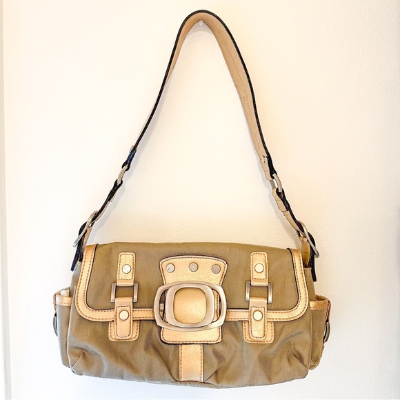 Y2K Canvas Tan and Gold Metallic Silver Buckle Shoulder Bag - Picture 1 of 5